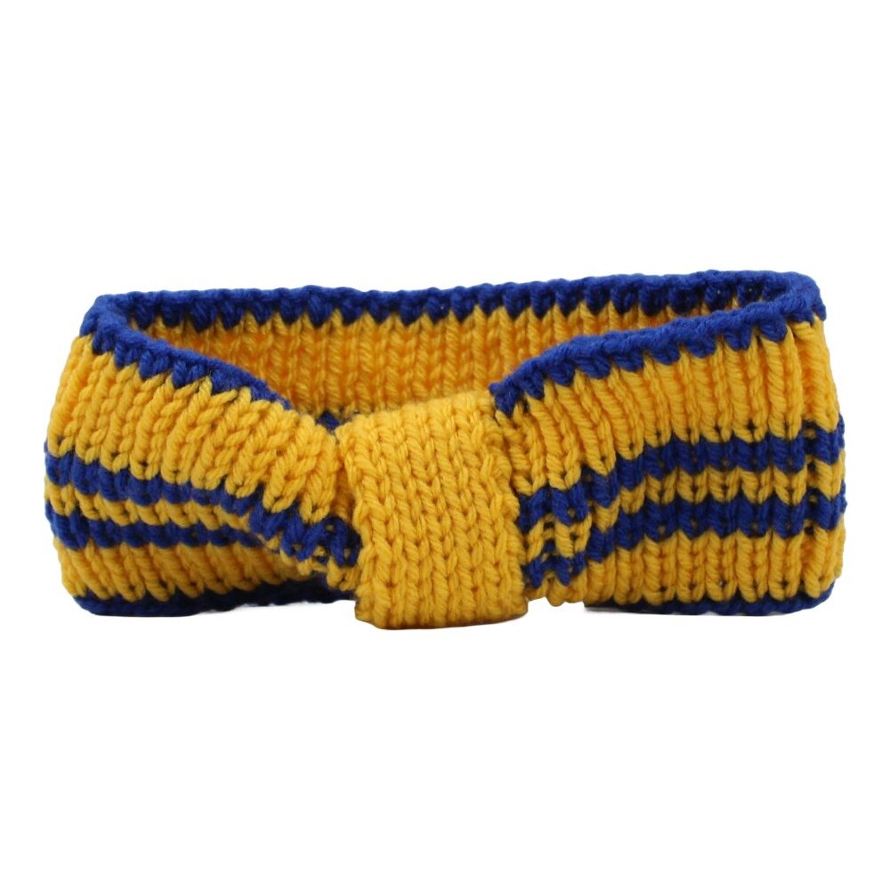 Handmade Hand Knit Striped Sunshine Yellow Royal Blue Acrylic Sporty Headband